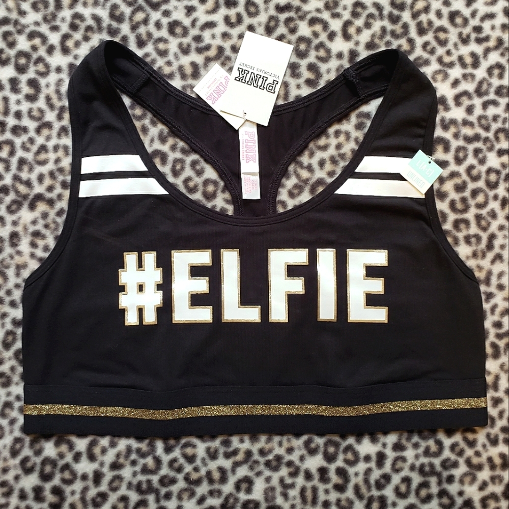 2015 Holiday VS PINK Black #ELFIE Pink Crop Sports Bra Bralette, Size L, NWT